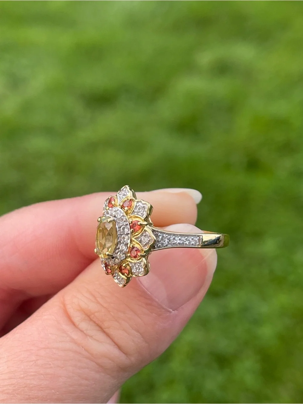 Heliodor and Red Sapphire Floral Ring